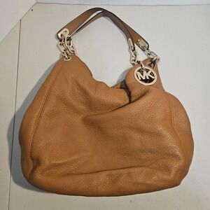 MICHAEL KORS FULTON SHOULDER HANDBAG BROWN CARAMEL LEATHER GOLD HARDWARE